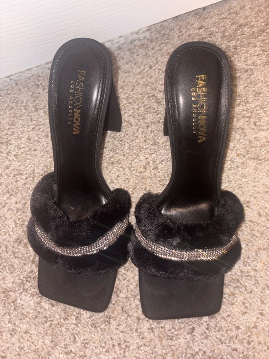 Fashion Nova Shoes - Fashion Nova Black Fur Slide Heels with Crystal Accent